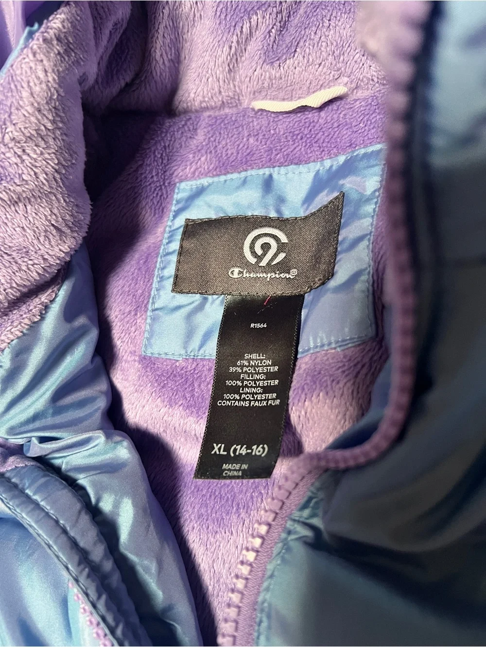 Champion Girls XL 14-16 Hooded Puffer Coat Blue Fleece Lined Thumbhole Cuffs